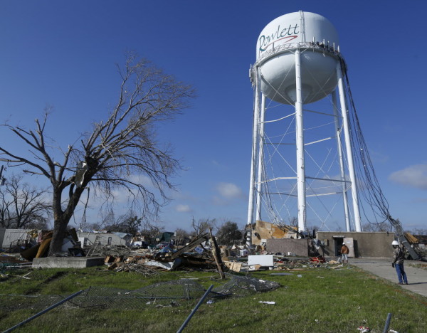 The damaged but saved Rowlett water tower on Martha Drive in the southeast portion of the city in days after the tornado in Rowlett, Texas on December 30, 2015. (Nathan Hunsinger The Dallas Morning News)